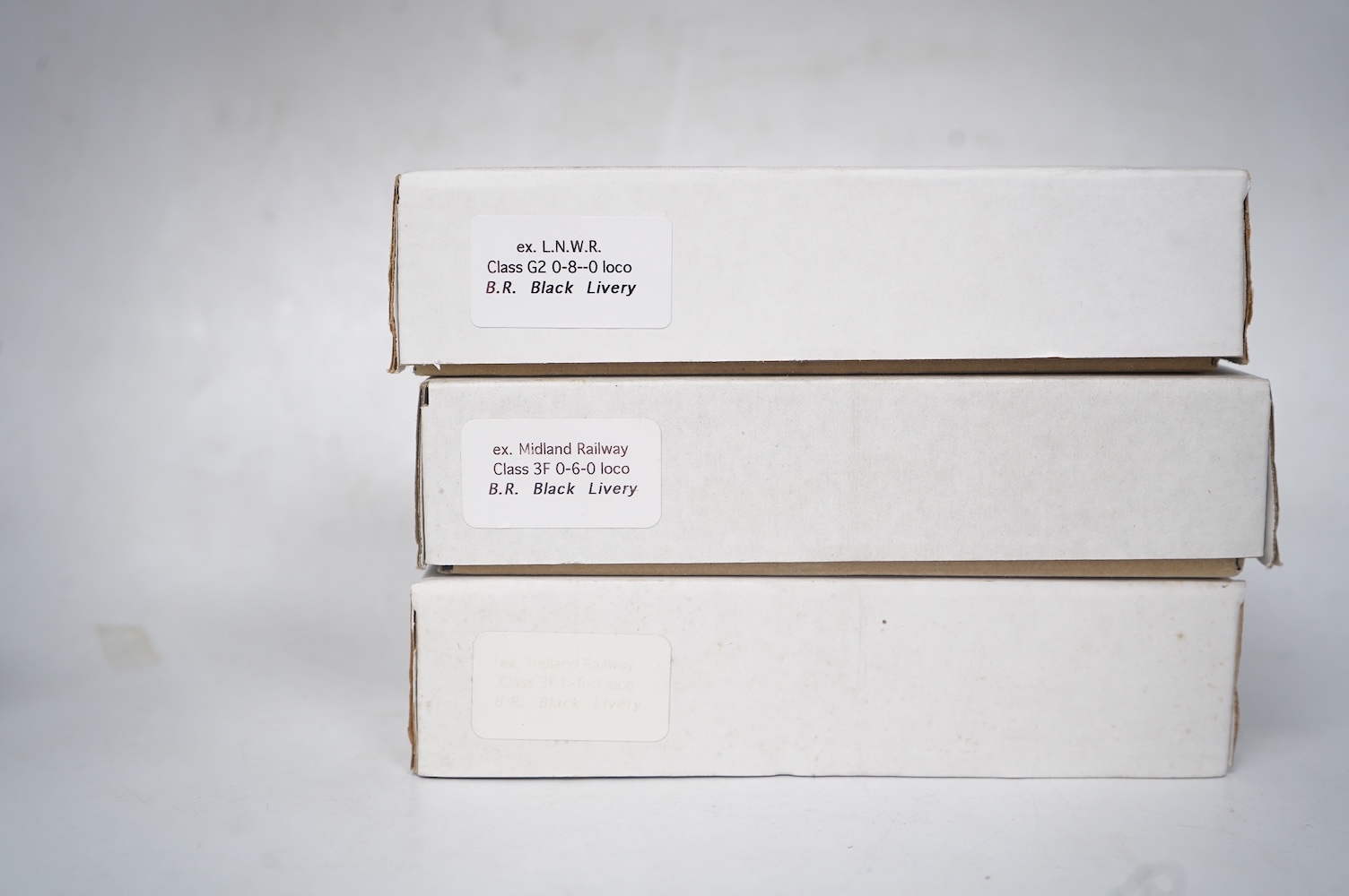 Three boxed Union Mills Models N gauge railway BR locomotives; a Class 3F, 43808, a Class 3F, 43808, and a Class G2, 49078. Condition - good.